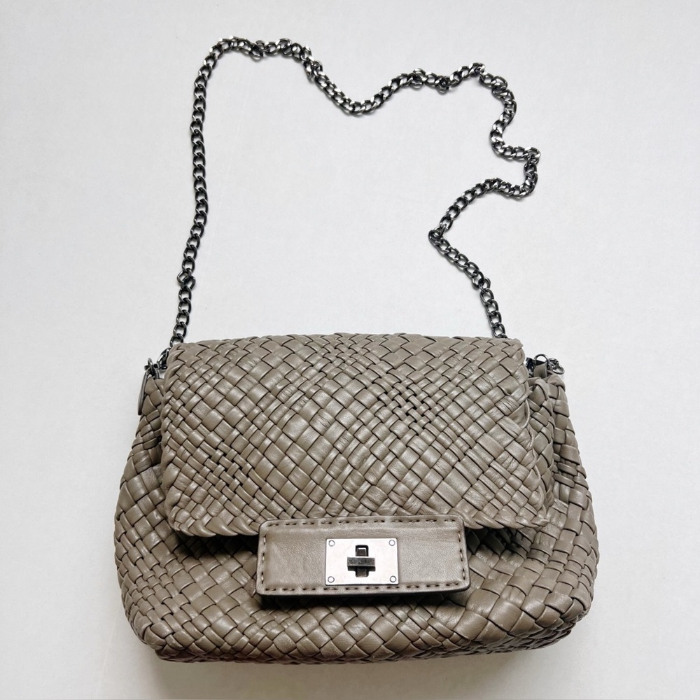 FALOR FIRENZE Italian Leather Woven Bag Purse Chain Taupe Gray Tone crossbody